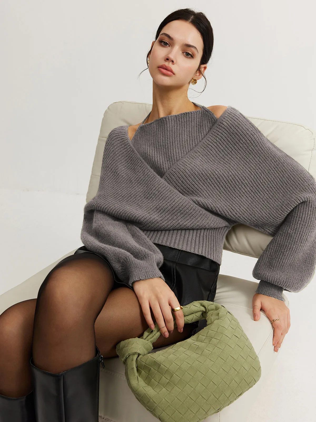 2 in 1 Bat Sleeve Halter Knit Top