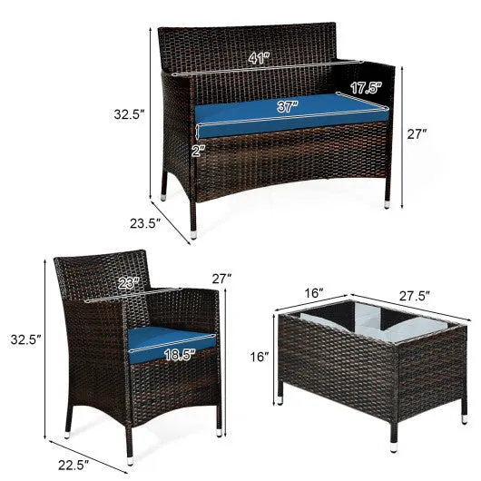 4 Pieces Comfortable Outdoor Rattan Sofa Set with Glass Coffee Table-Peacock Blue