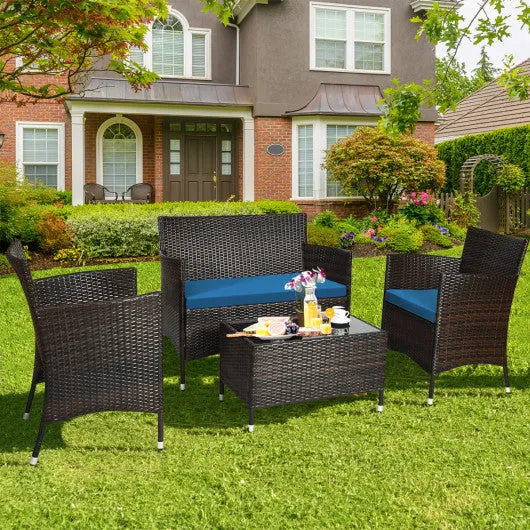 4 Pieces Comfortable Outdoor Rattan Sofa Set with Glass Coffee Table-Peacock Blue
