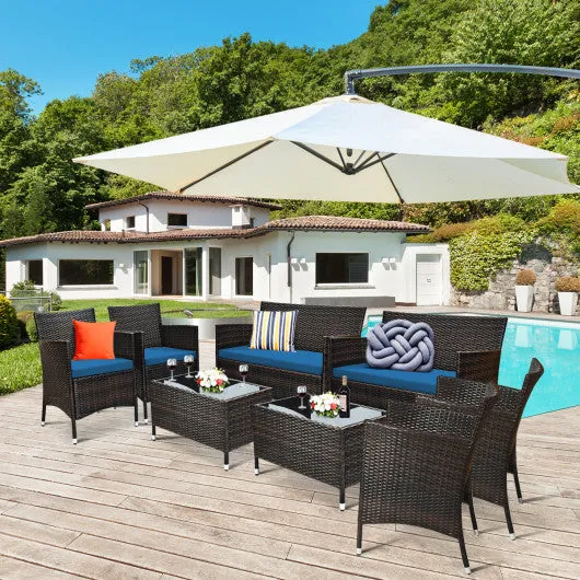 4 Pieces Comfortable Outdoor Rattan Sofa Set with Glass Coffee Table-Peacock Blue