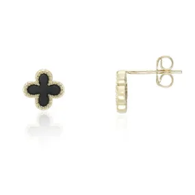 9ct Yellow Gold Onyx Clover Stud Earrings