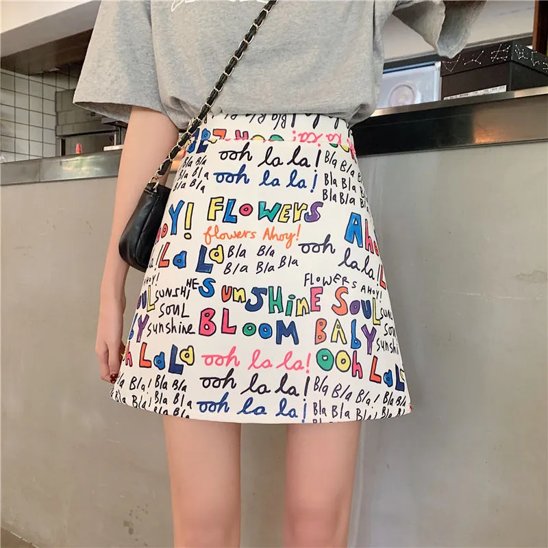 A-Line Hip Flattering Graffiti Printed Plus Size Summer Skirt