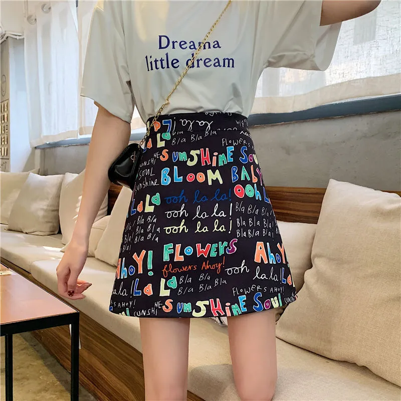 A-Line Hip Flattering Graffiti Printed Plus Size Summer Skirt