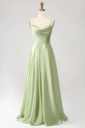 A-Line Prom Dresses Cowl Neck Spaghetti Straps Maxi Dress With Sequins Green