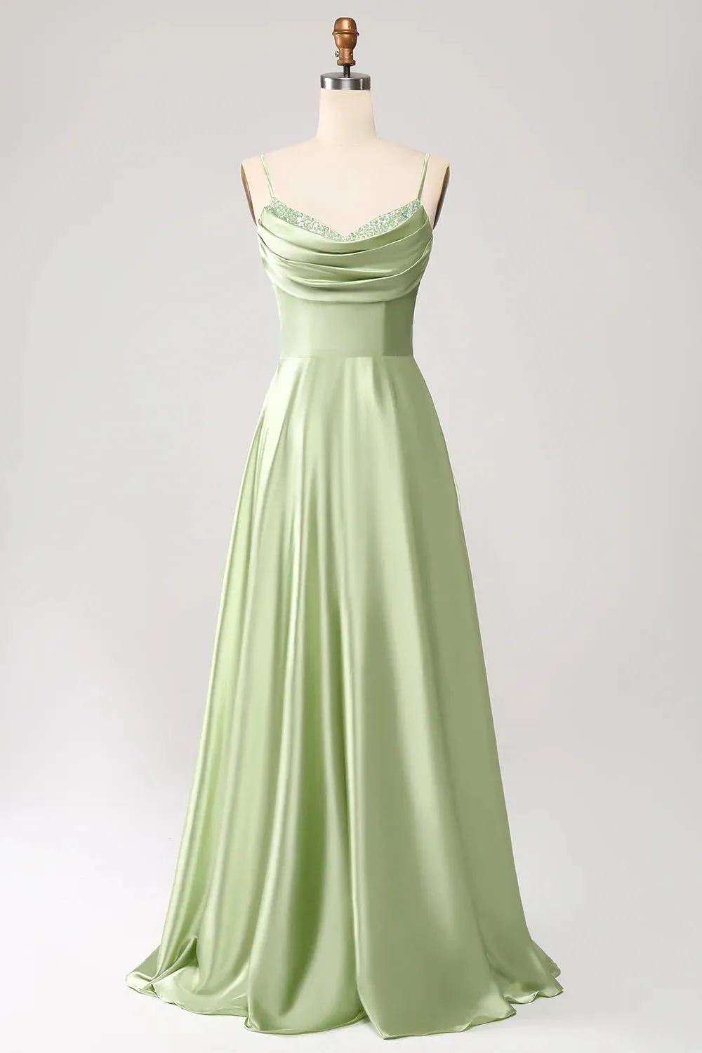 A-Line Prom Dresses Cowl Neck Spaghetti Straps Maxi Dress With Sequins Green
