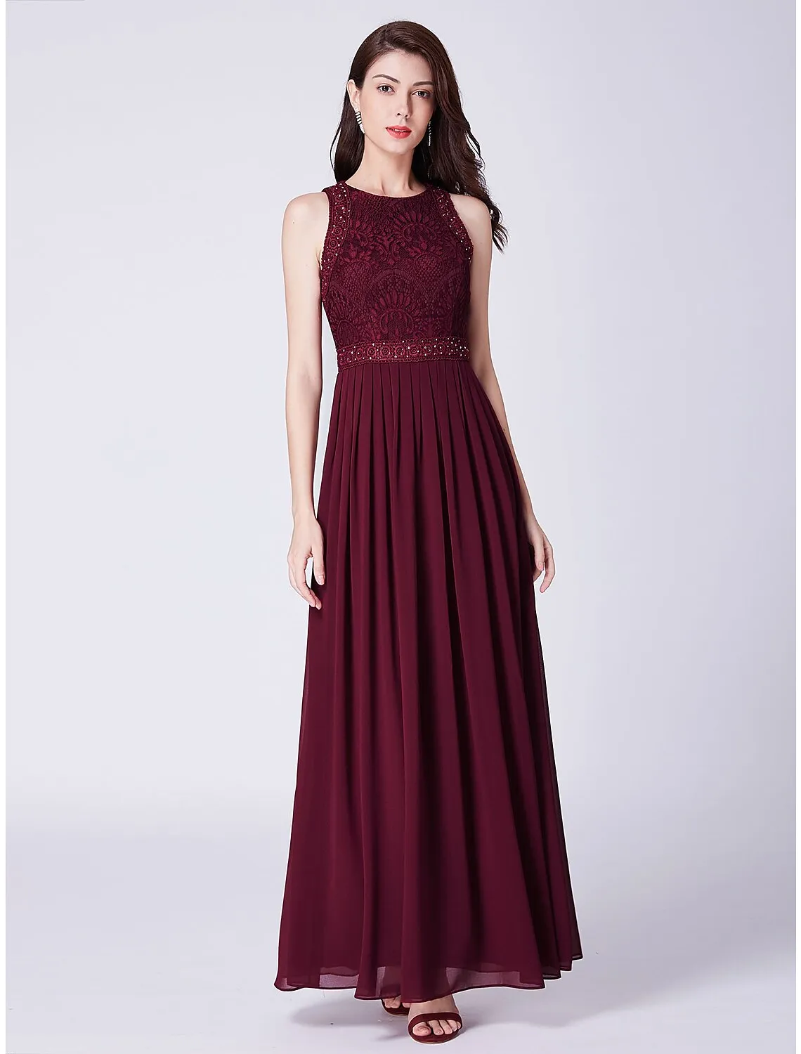 A-Line Prom Dresses Maxi Dress Wedding Guest Floor Length Sleeveless Jewel Neck Chiffon with Pleats Lace Insert