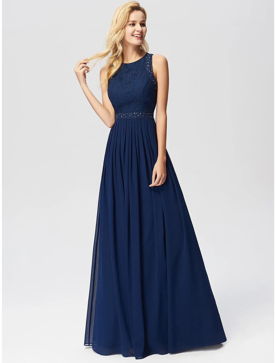 A-Line Prom Dresses Maxi Dress Wedding Guest Floor Length Sleeveless Jewel Neck Chiffon with Pleats Lace Insert