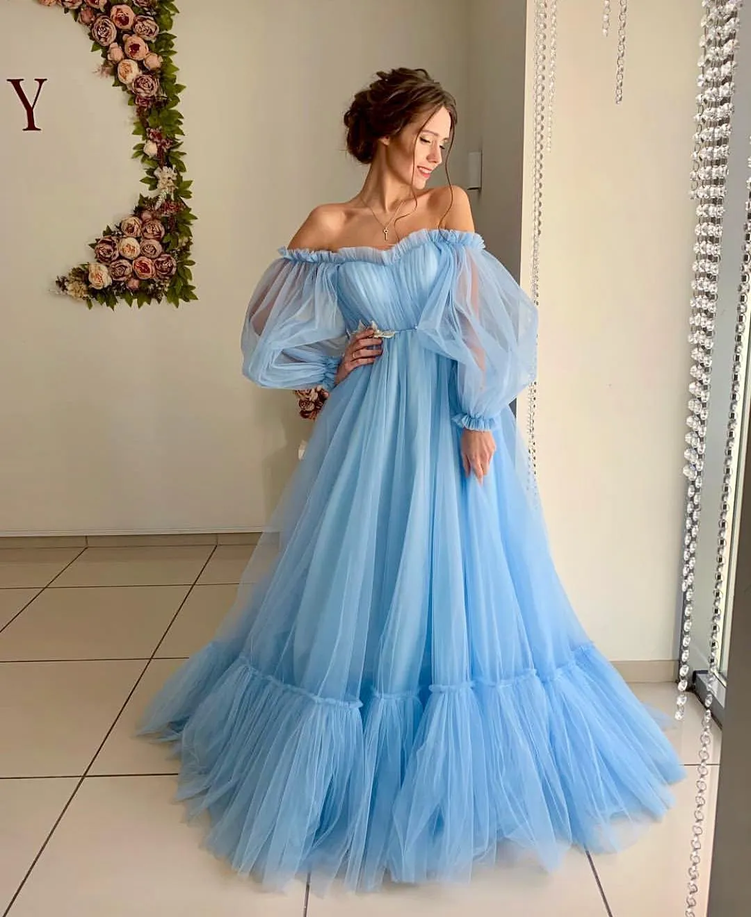 Anneprom Sky Blue Tulle Off The Shoulder Long Prom Dress Elegant Evening Dresses APP0301