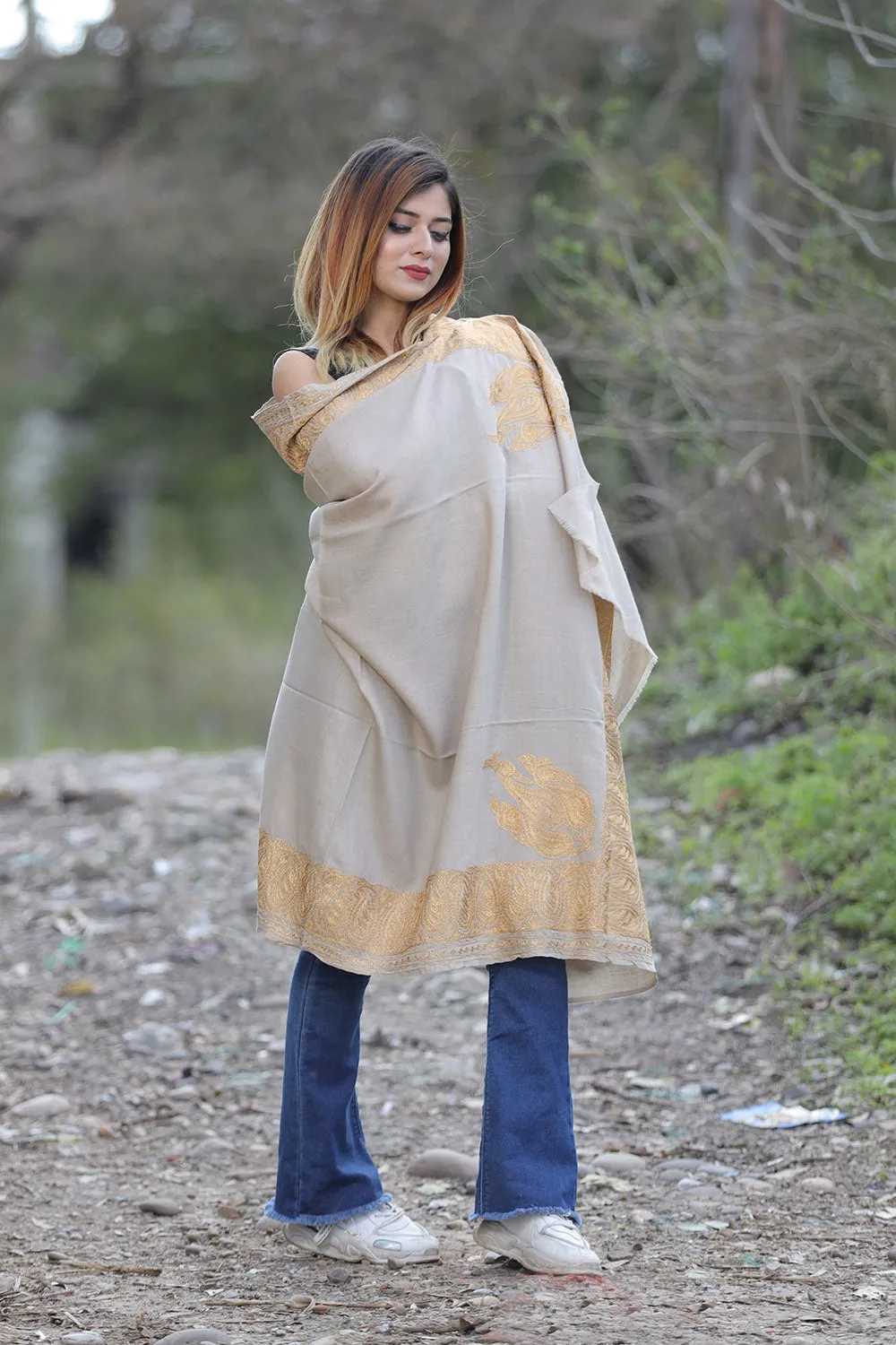 Beige Color Kashmiri Shawl With Tilla Work Gives A Trendy Look To The Wearer.