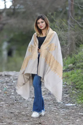 Beige Color Kashmiri Shawl With Tilla Work Gives A Trendy Look To The Wearer.