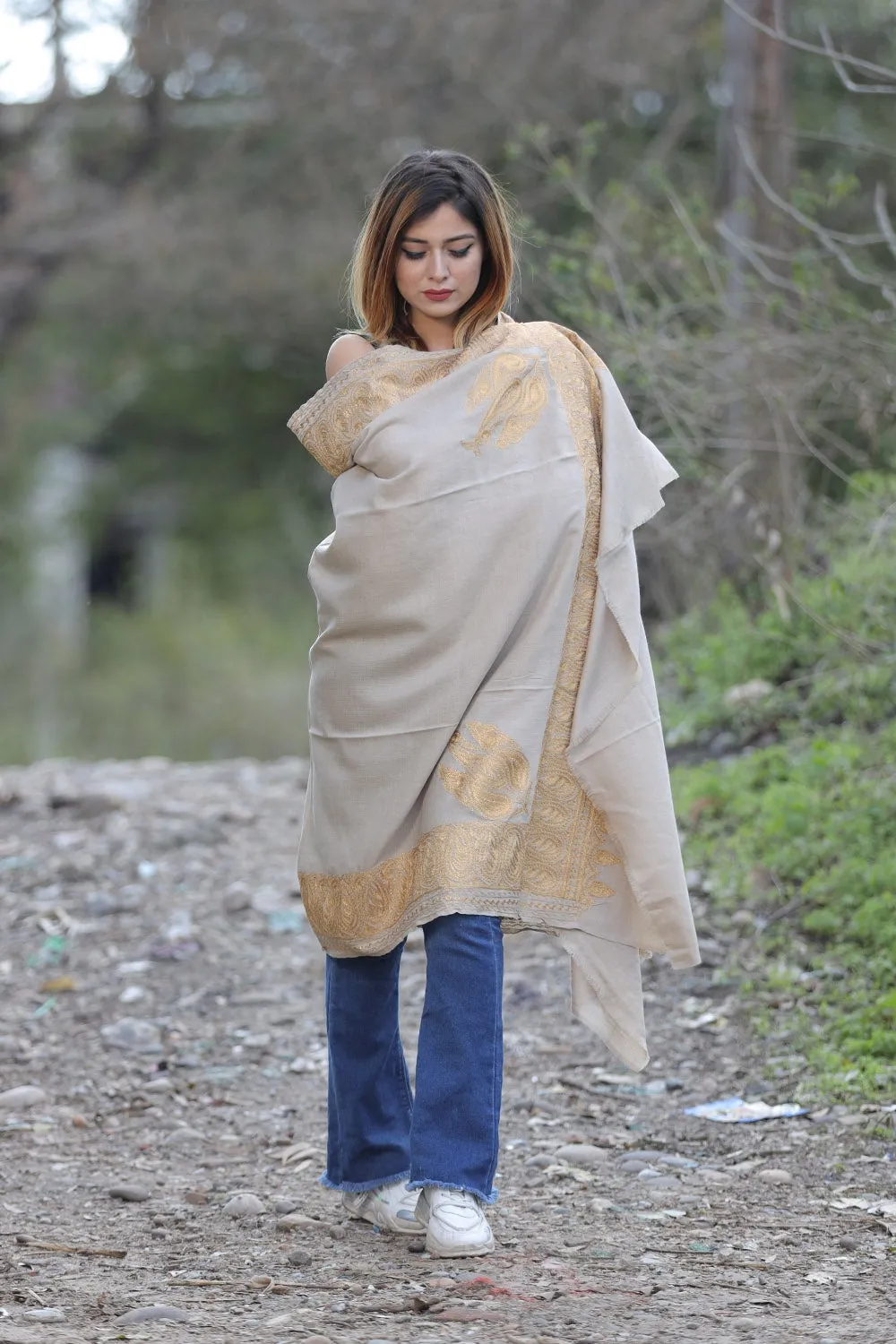 Beige Color Kashmiri Shawl With Tilla Work Gives A Trendy Look To The Wearer.