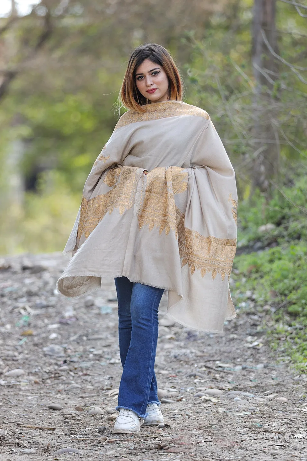 Beige Color Kashmiri Shawl With Tilla Work Gives A Trendy Look To The Wearer.
