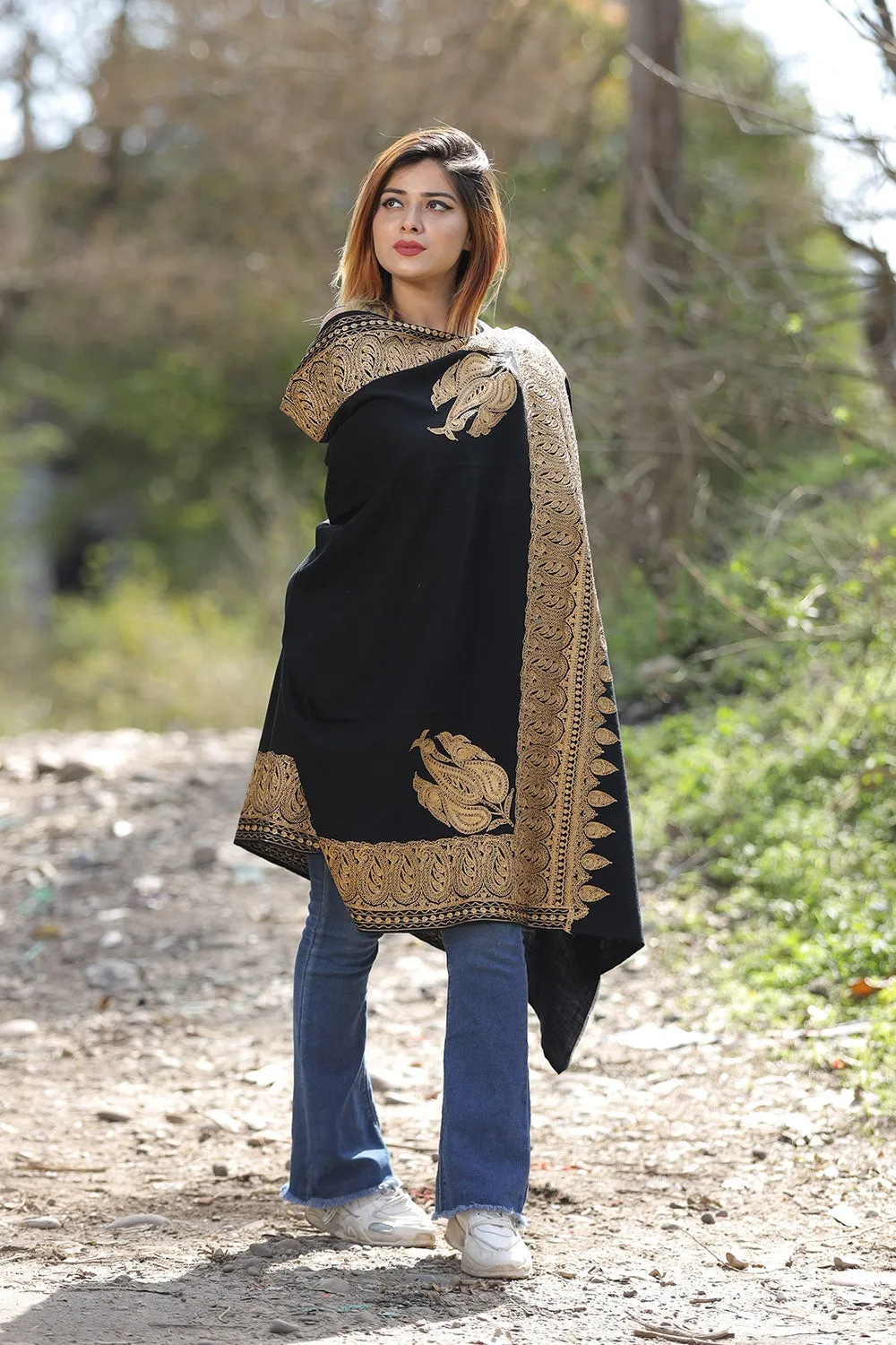 Black Color Kashmiri Shawl With Tilla Work Gives A Trendy Look To The Wearer.