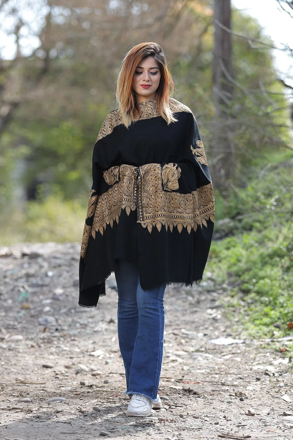 Black Color Kashmiri Shawl With Tilla Work Gives A Trendy Look To The Wearer.