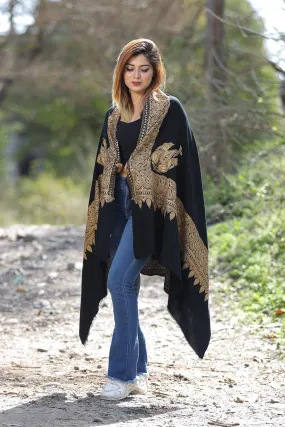 Black Color Kashmiri Shawl With Tilla Work Gives A Trendy Look To The Wearer.