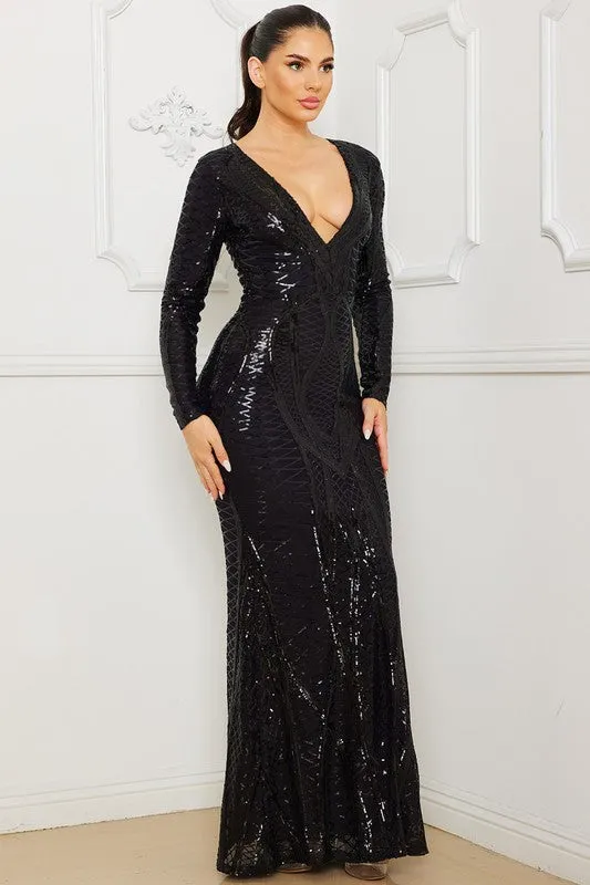 Black Laced Pattern Long Sleeve Maxi Dress