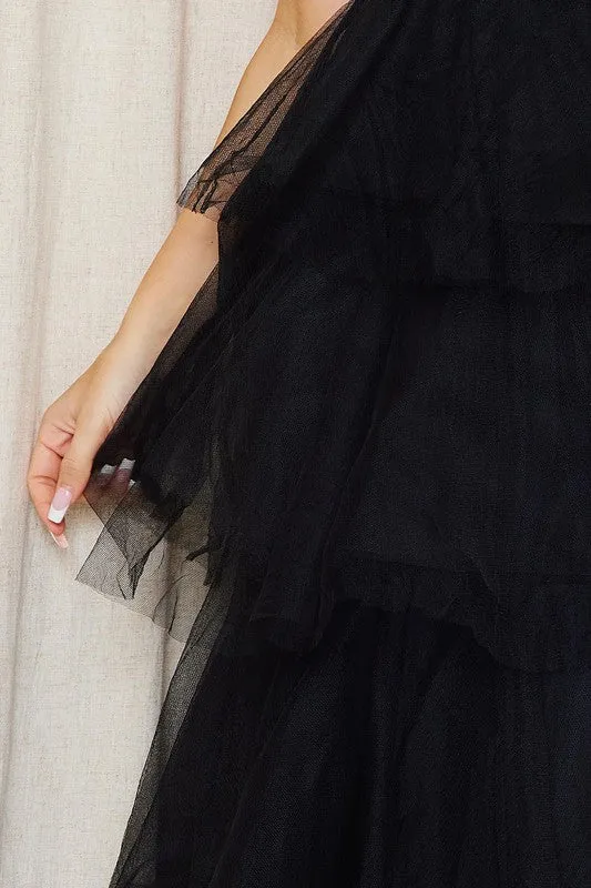 Black Mesh Tulle Fabric Tube Top Maxi Ress