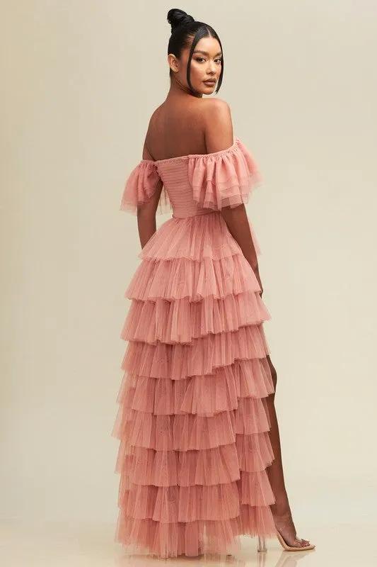Blush Off S Shirred Ruffle Maxi Dress
