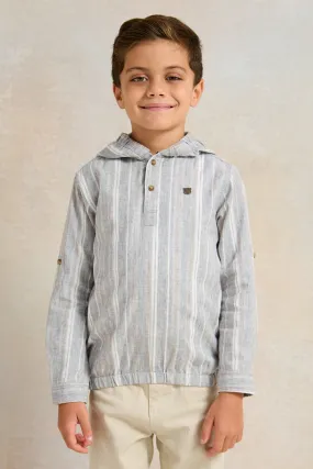 Boys Grey Striped With Hooded Shirt