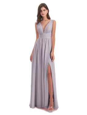 Bridesmaid Dresses Dusk Charming Chiffon V Neck Split Long Bridesmaid Dresses