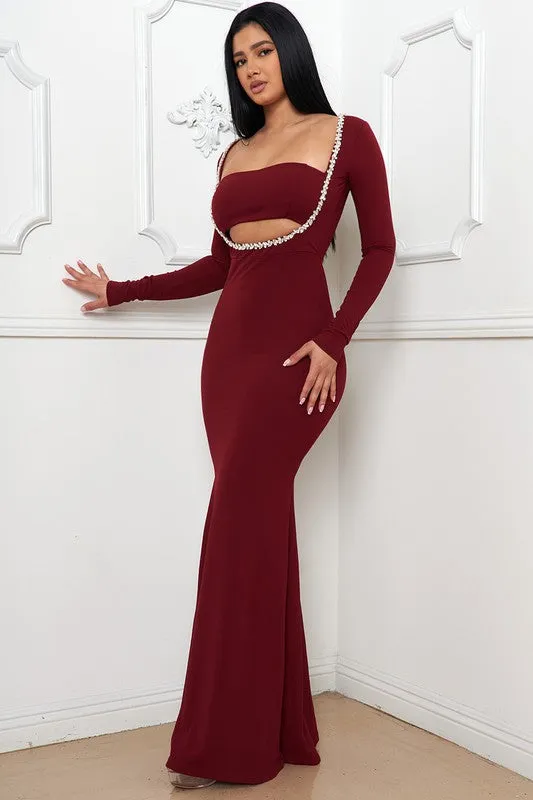 Burgundy Rhinestone Trim Front Mermaid Maxi Dress