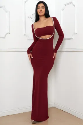 Burgundy Rhinestone Trim Front Mermaid Maxi Dress