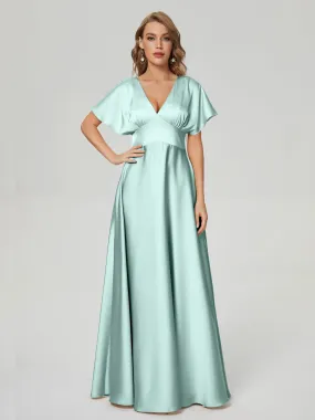 Celadon Bridesmaid Dresses Ariah Modest V Neck Short Sleeves Soft Satin Dresses