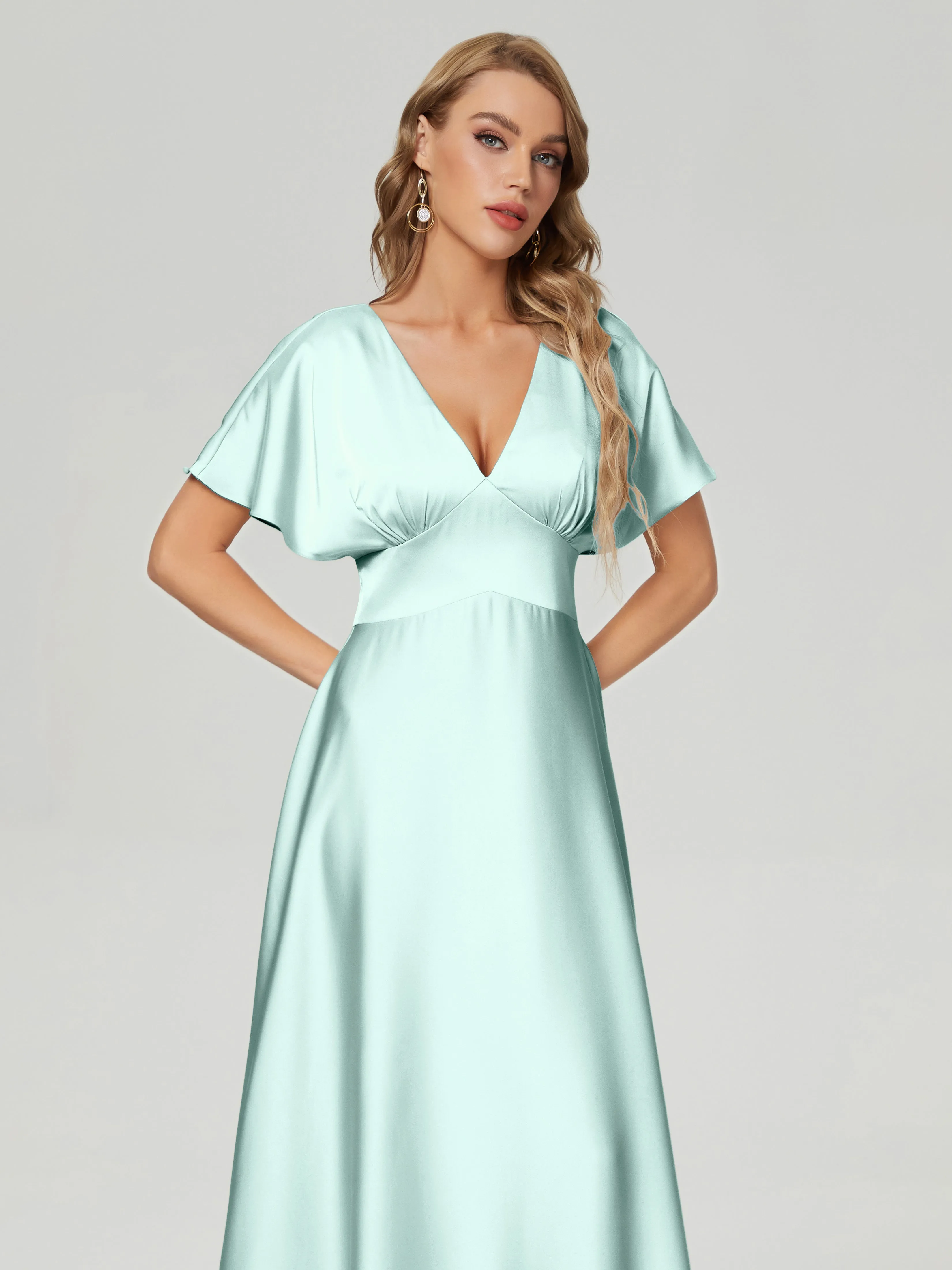 Celadon Bridesmaid Dresses Ariah Modest V Neck Short Sleeves Soft Satin Dresses