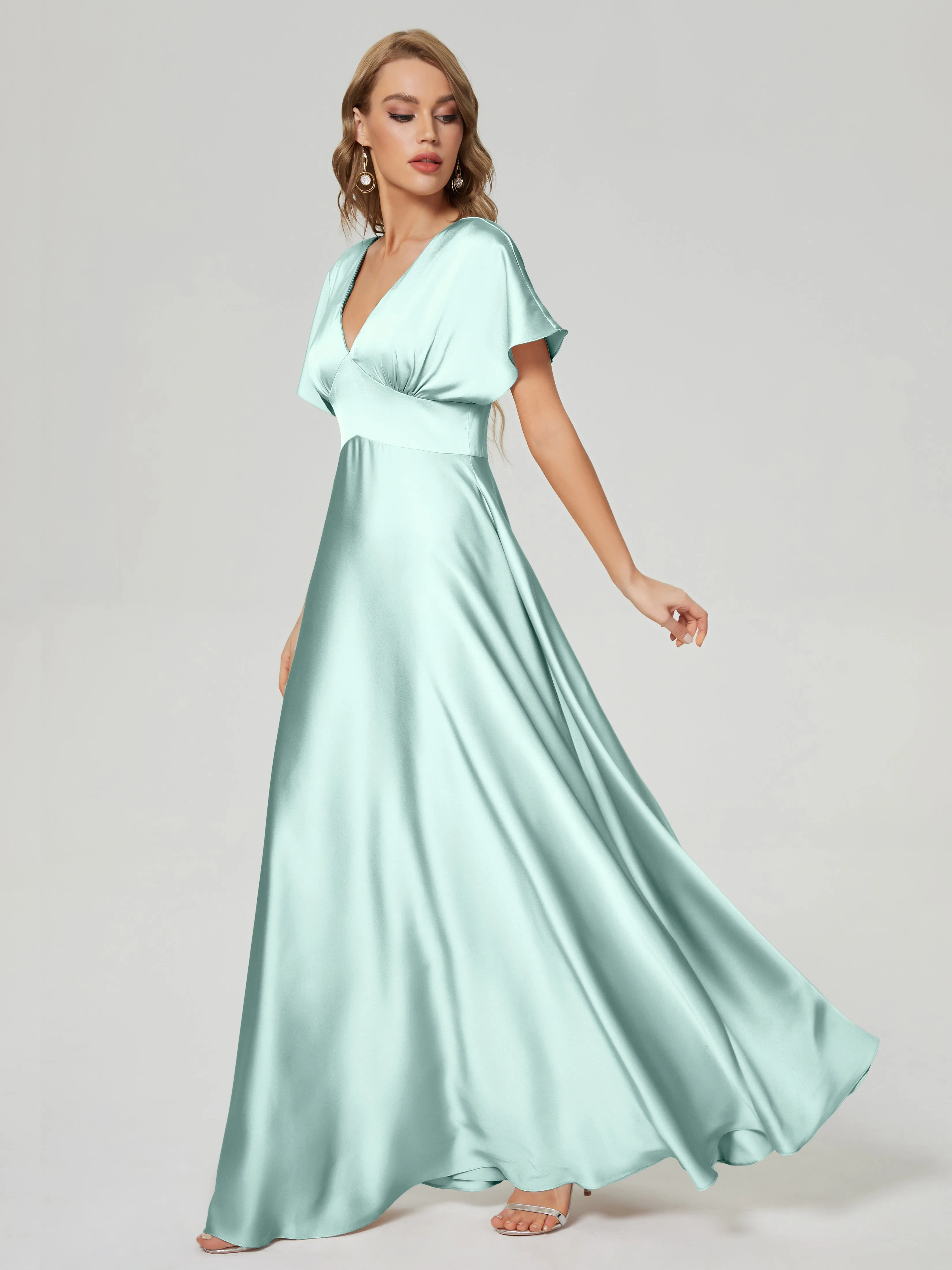 Celadon Bridesmaid Dresses Ariah Modest V Neck Short Sleeves Soft Satin Dresses