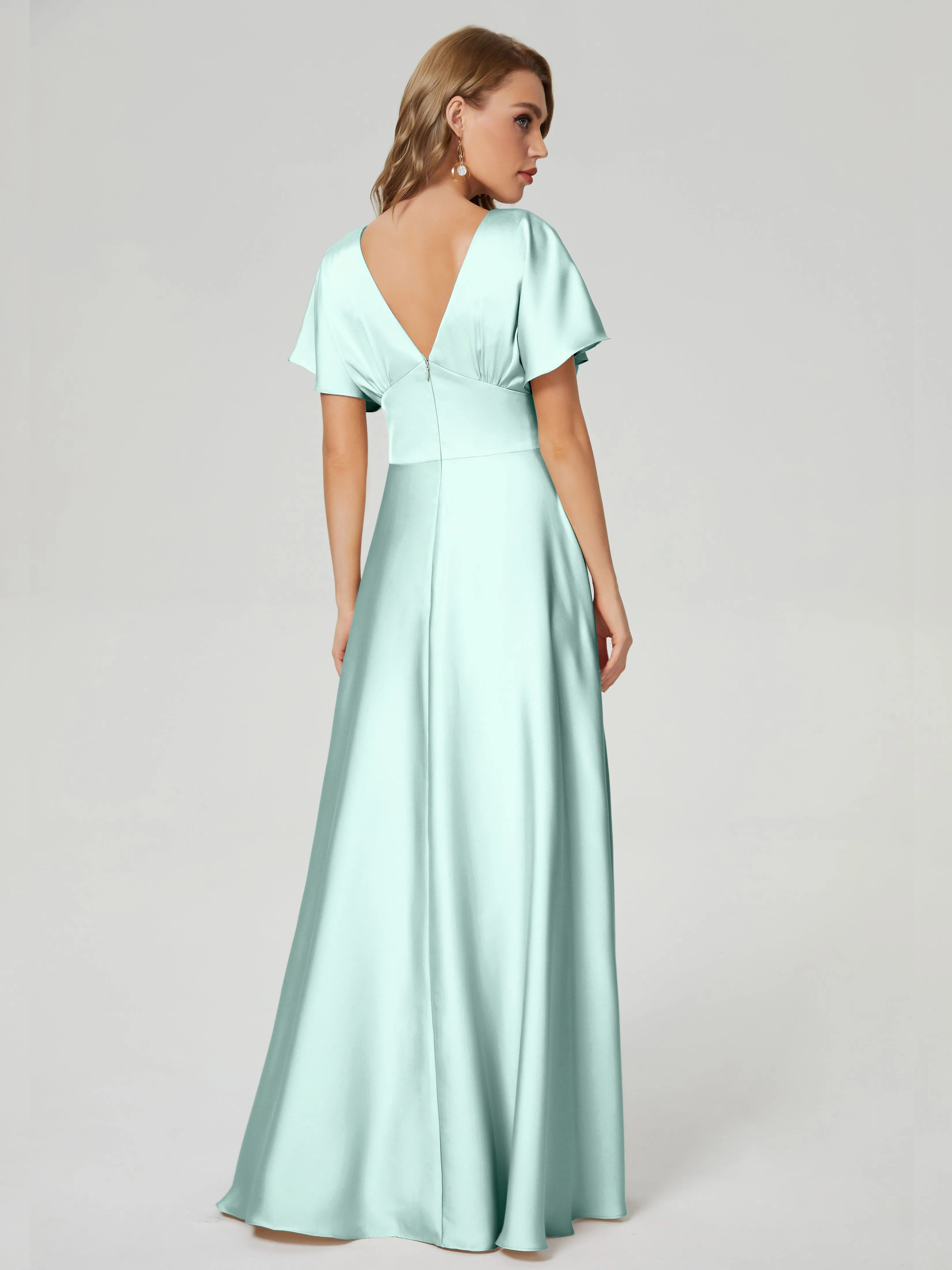 Celadon Bridesmaid Dresses Ariah Modest V Neck Short Sleeves Soft Satin Dresses