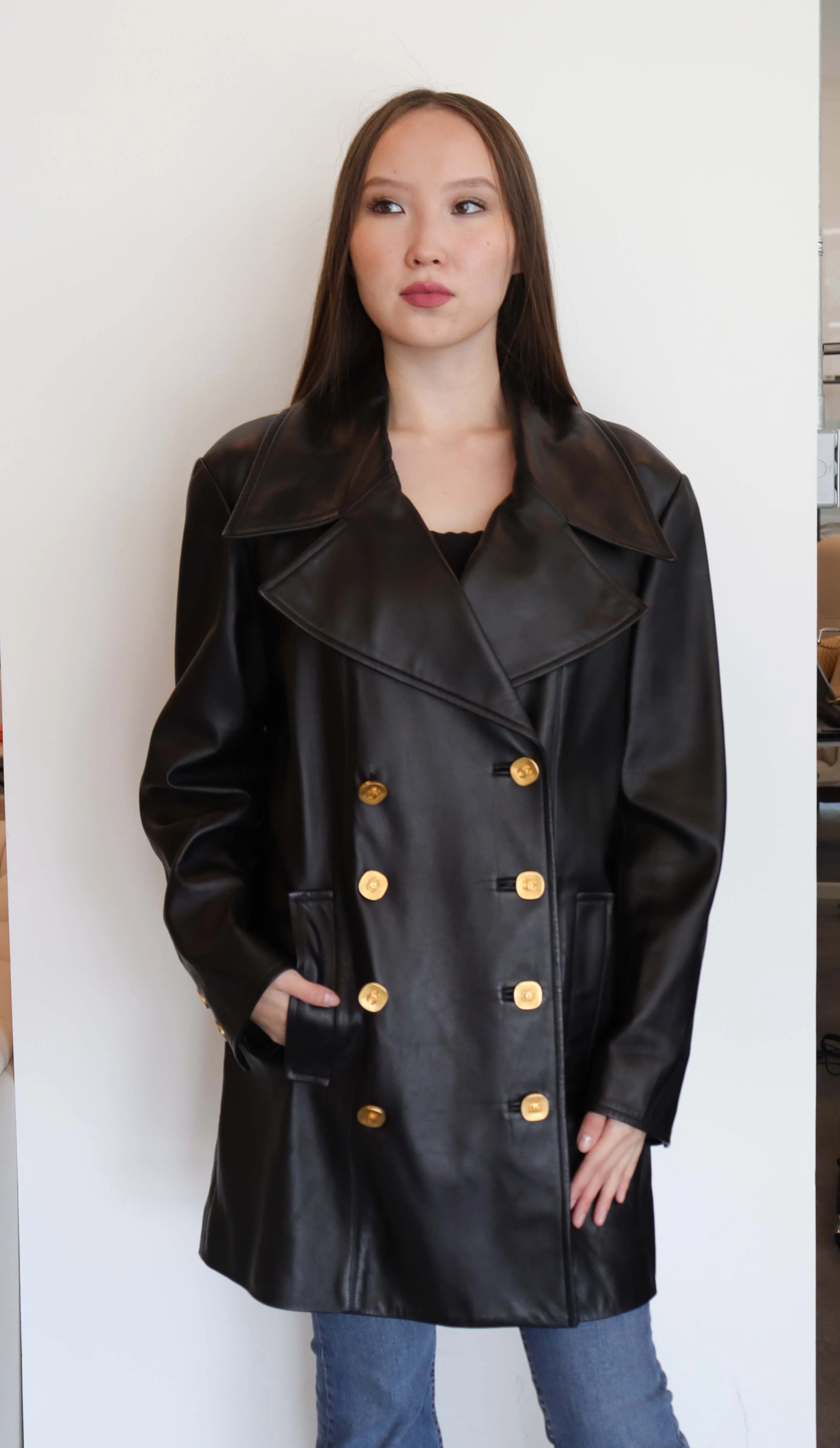 Chanel Logo Button Leather Jacket Black Gold
