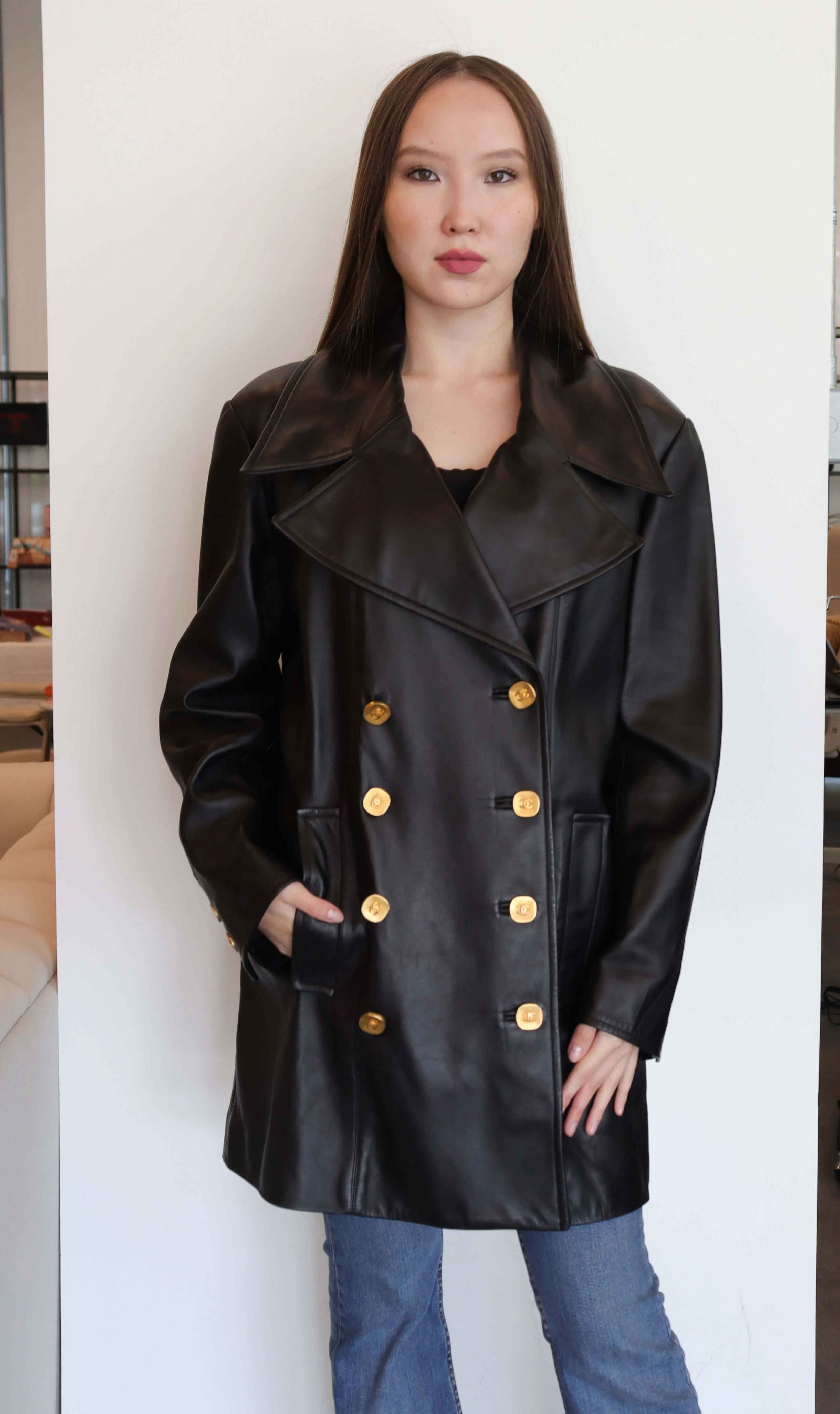 Chanel Logo Button Leather Jacket Black Gold