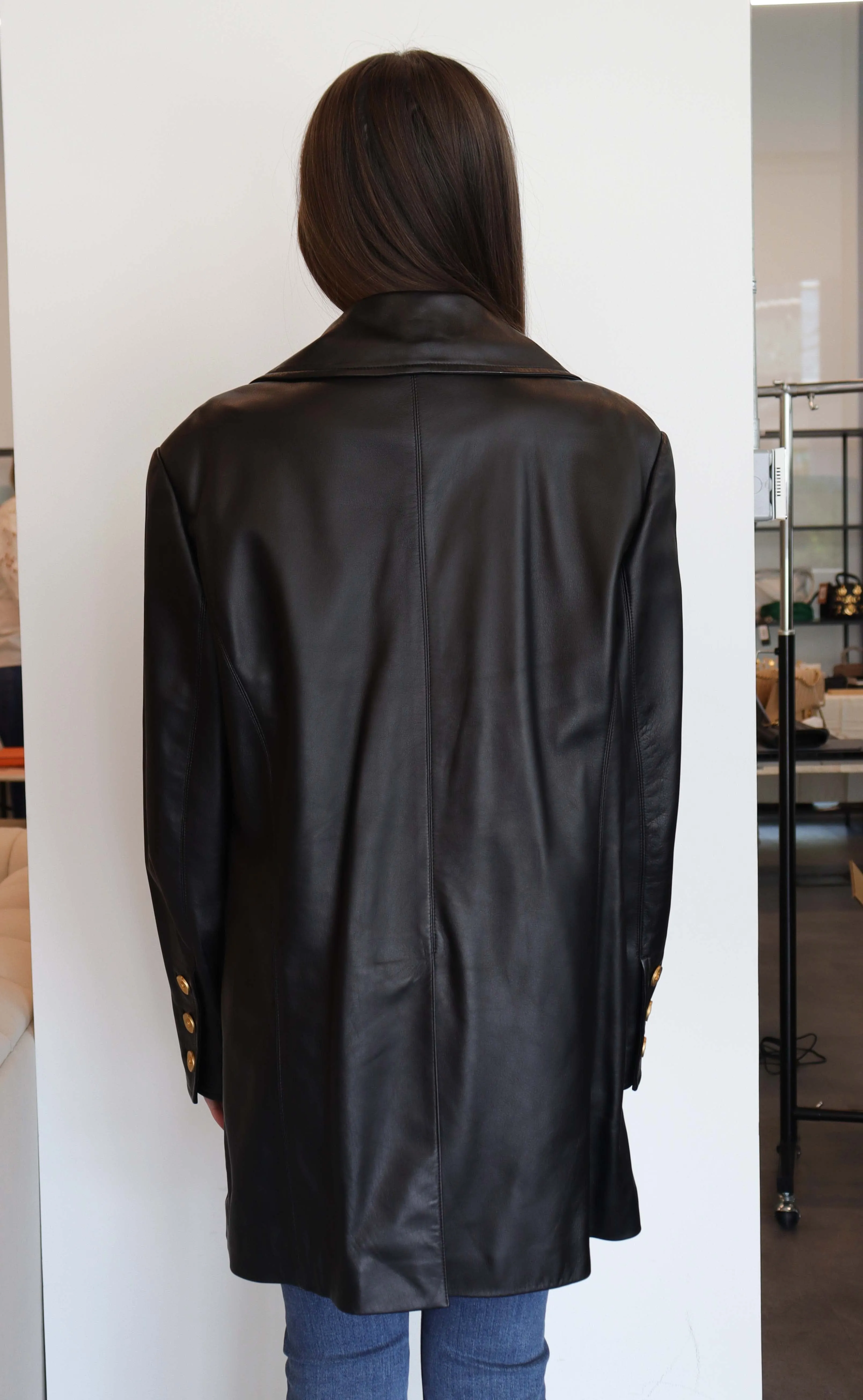 Chanel Logo Button Leather Jacket Black Gold