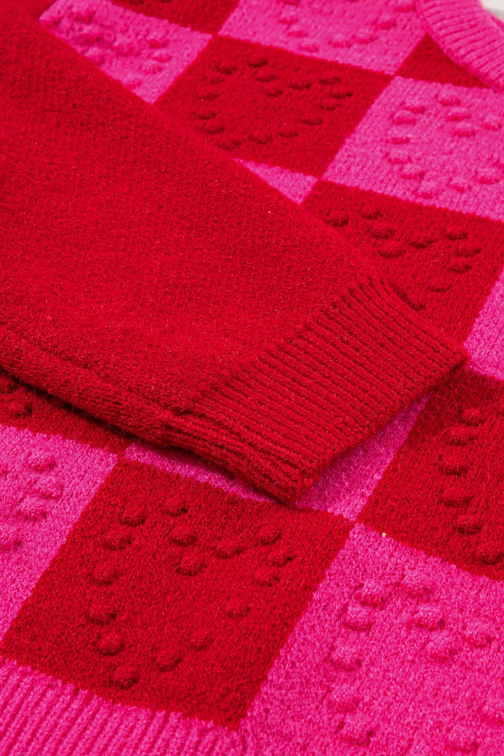 Checkered Heart Detail Textured Sweater