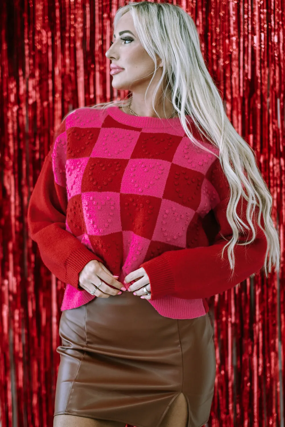 Checkered Heart Detail Textured Sweater