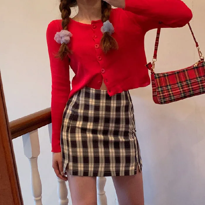 Chequered Skirt Women Korean High Waist Slim Look Hip Flattering A-Line Japanese Student Petite Skirt