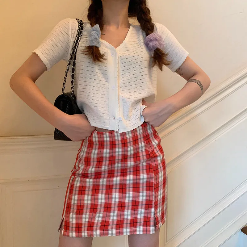 Chequered Skirt Women Korean High Waist Slim Look Hip Flattering A-Line Japanese Student Petite Skirt
