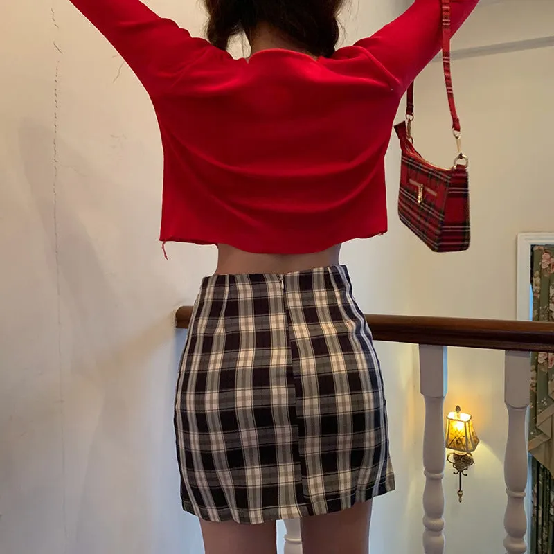 Chequered Skirt Women Korean High Waist Slim Look Hip Flattering A-Line Japanese Student Petite Skirt