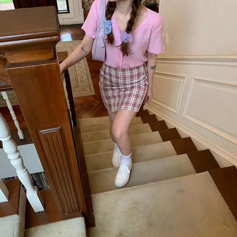 Chequered Skirt Women Korean High Waist Slim Look Hip Flattering A-Line Japanese Student Petite Skirt