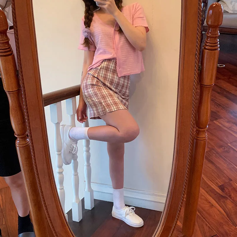 Chequered Skirt Women Korean High Waist Slim Look Hip Flattering A-Line Japanese Student Petite Skirt