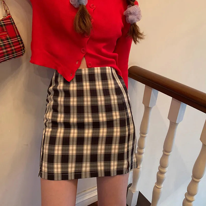 Chequered Skirt Women Korean High Waist Slim Look Hip Flattering A-Line Japanese Student Petite Skirt