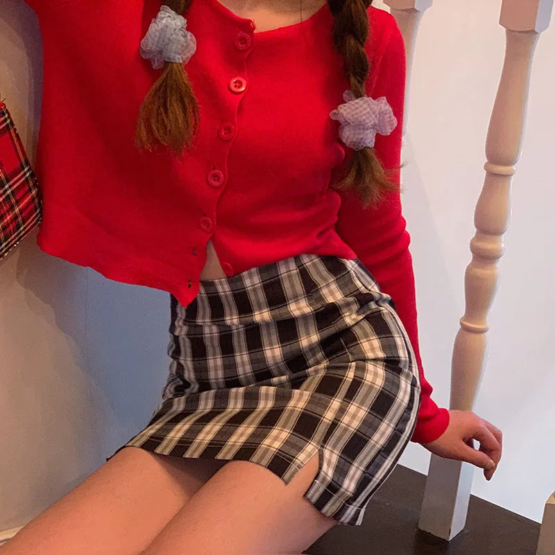Chequered Skirt Women Korean High Waist Slim Look Hip Flattering A-Line Japanese Student Petite Skirt