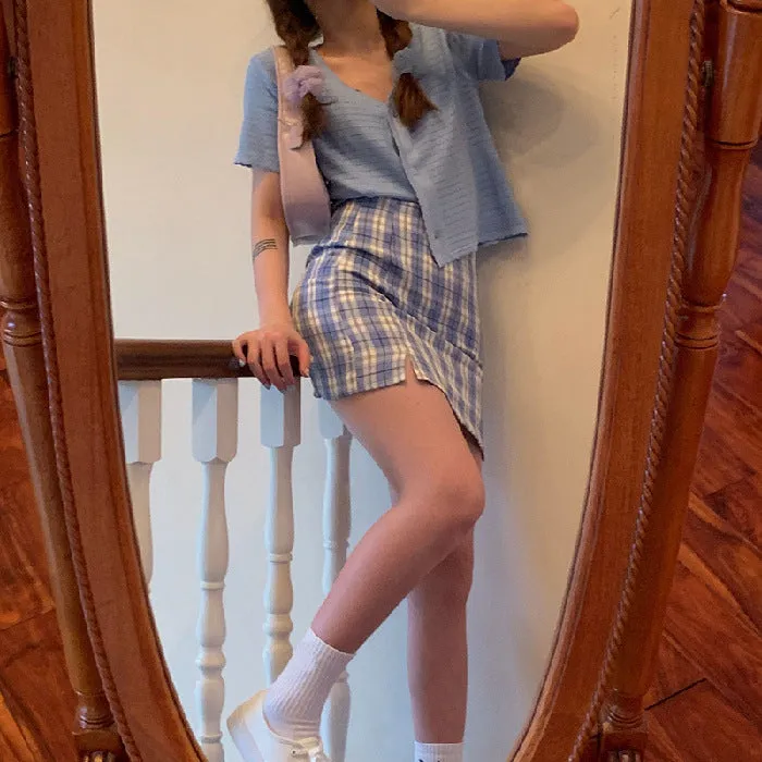 Chequered Skirt Women Korean High Waist Slim Look Hip Flattering A-Line Japanese Student Petite Skirt