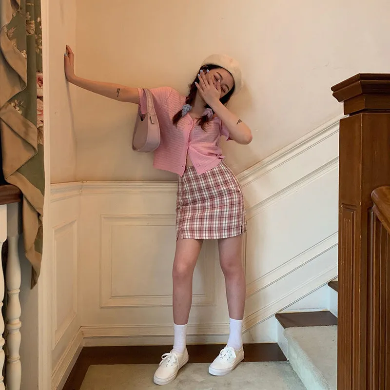 Chequered Skirt Women Korean High Waist Slim Look Hip Flattering A-Line Japanese Student Petite Skirt