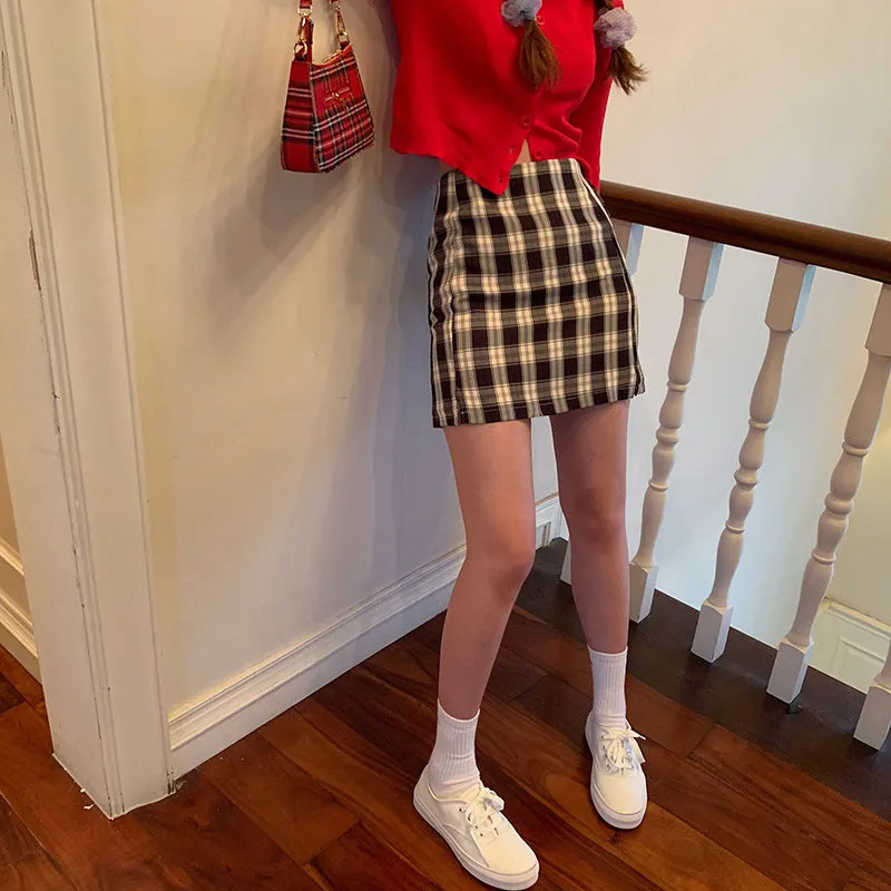 Chequered Skirt Women Korean High Waist Slim Look Hip Flattering A-Line Japanese Student Petite Skirt