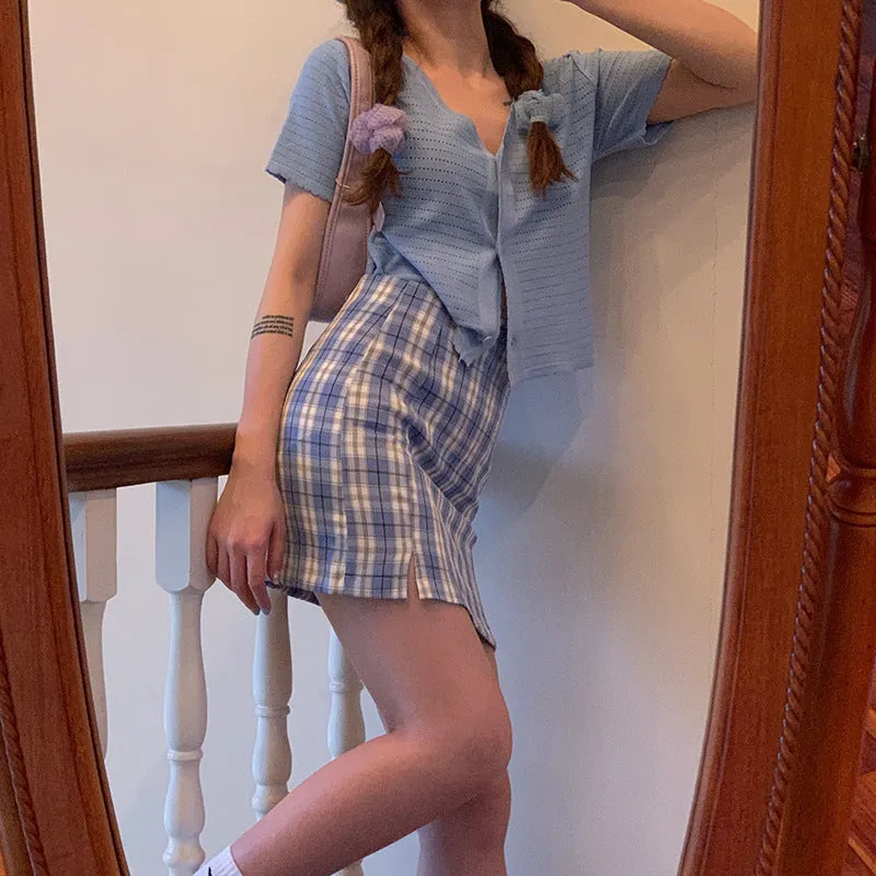 Chequered Skirt Women Korean High Waist Slim Look Hip Flattering A-Line Japanese Student Petite Skirt