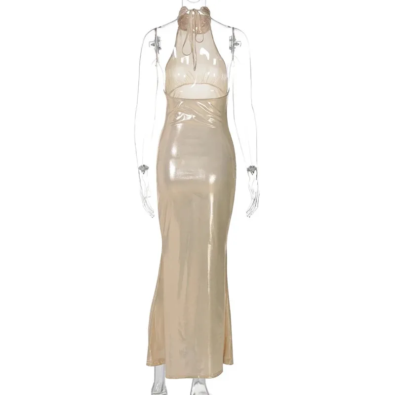 Chic Metallic Sheen Halter Gown for Trendsetters