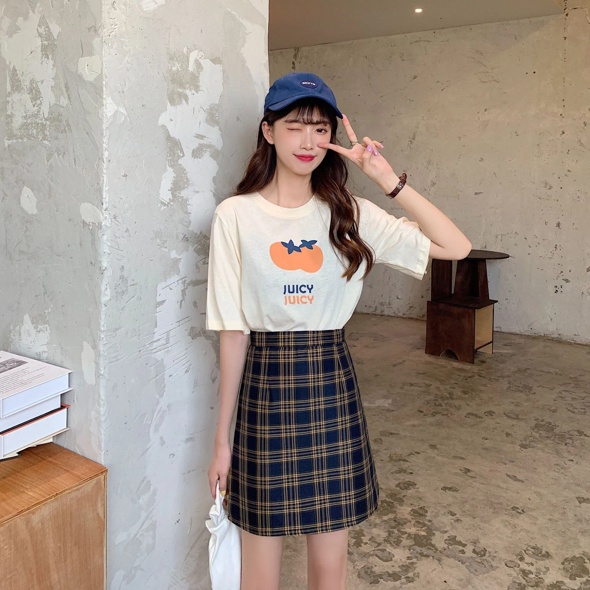 College Women Summer Korean All-Matching Student Chequered High Waist A-Line Hip Flattering Skirt