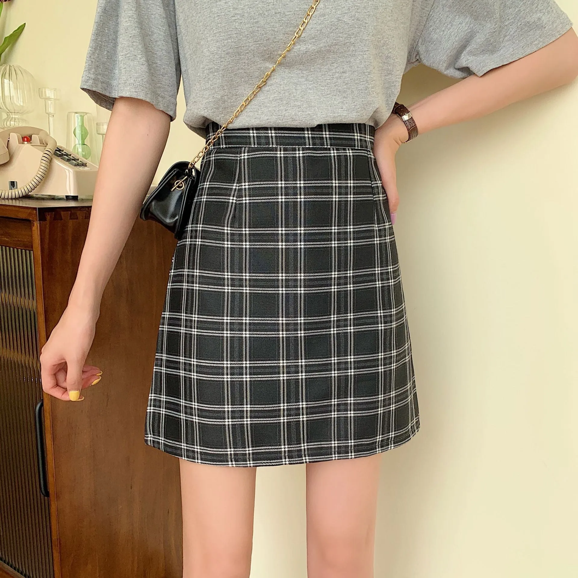 College Women Summer Korean All-Matching Student Chequered High Waist A-Line Hip Flattering Skirt