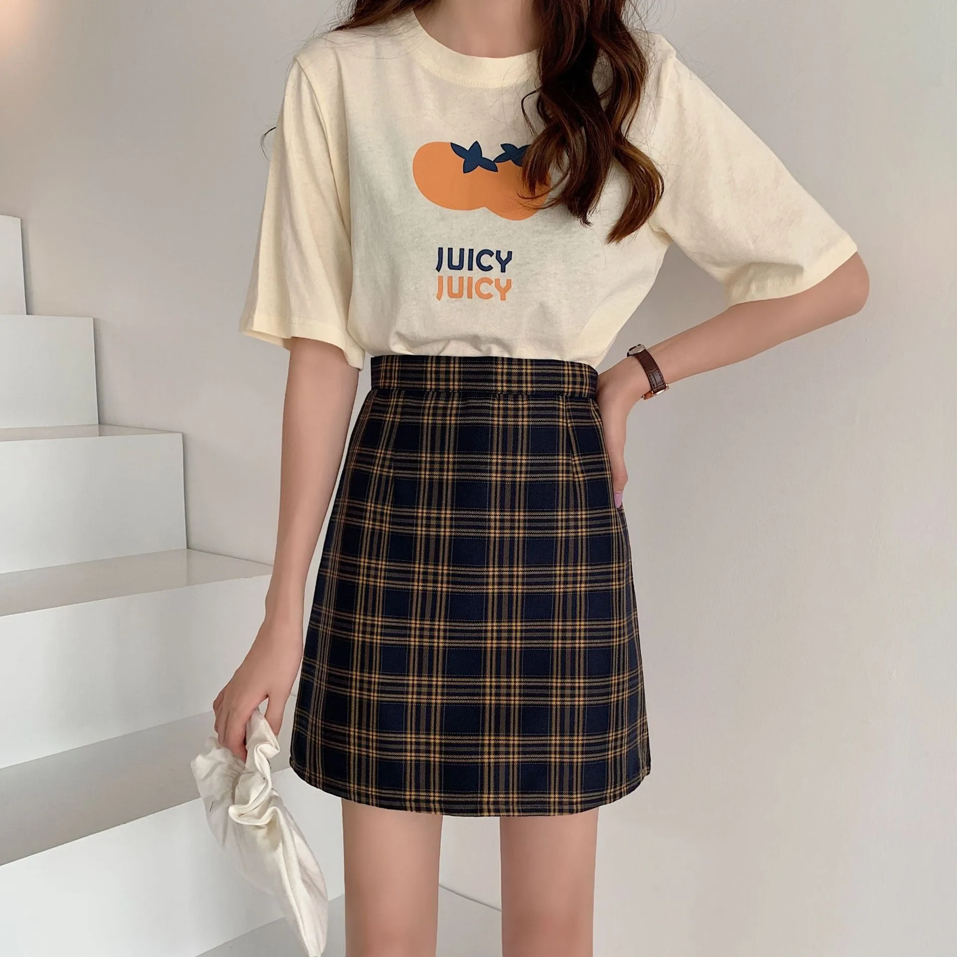 College Women Summer Korean All-Matching Student Chequered High Waist A-Line Hip Flattering Skirt
